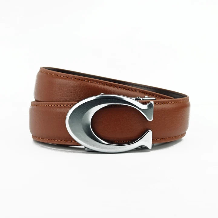 Curvy Silver Tan Pattern - Top Grain No Hole Leather Belt