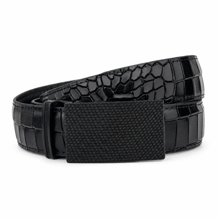 Patched Black Black Crocodile - Top Grain No Hole Leather Belt (Premium)