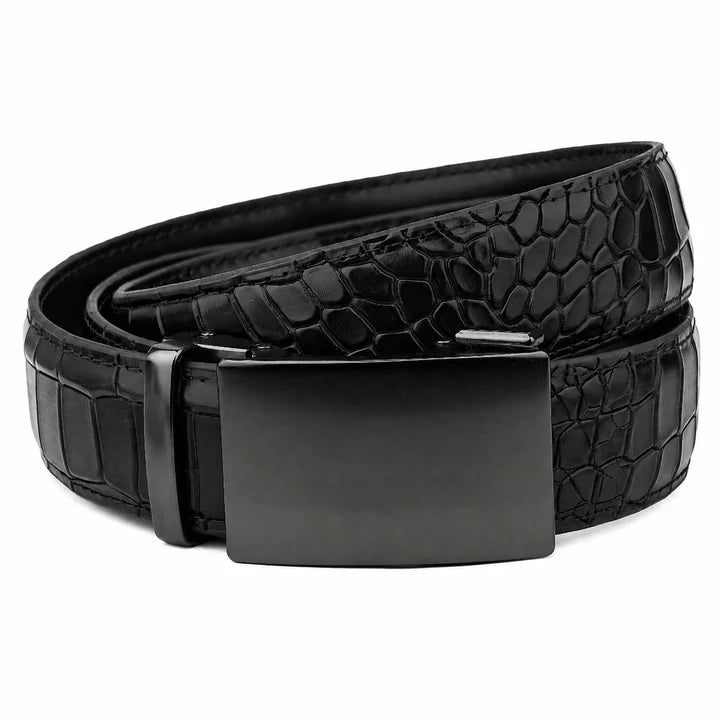 Gun Metal Black Crocodile - Top Grain No Hole Leather Belt (Premium)