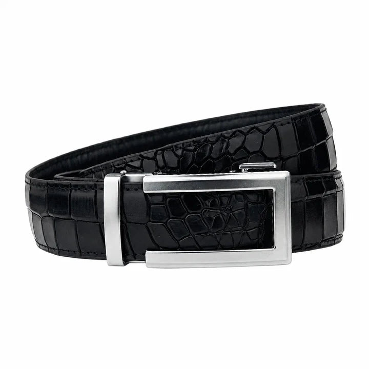 Classic Silver Black Crocodile - Top Grain No Hole Leather Belt (Premium)