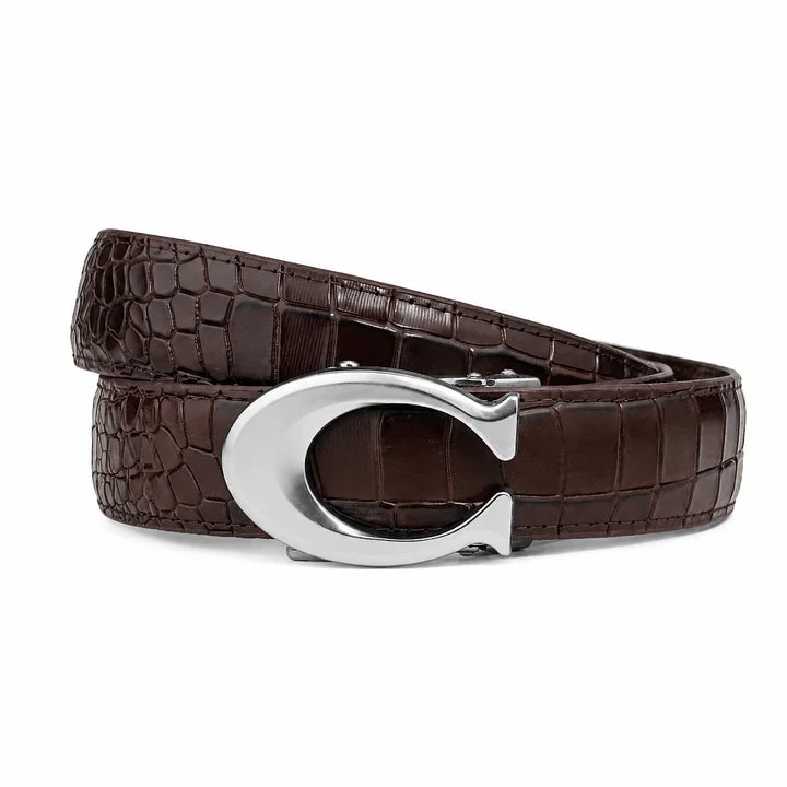 Curvy Silver Brown Crocodile- Top Grain No Hole Leather Belt (Premium)
