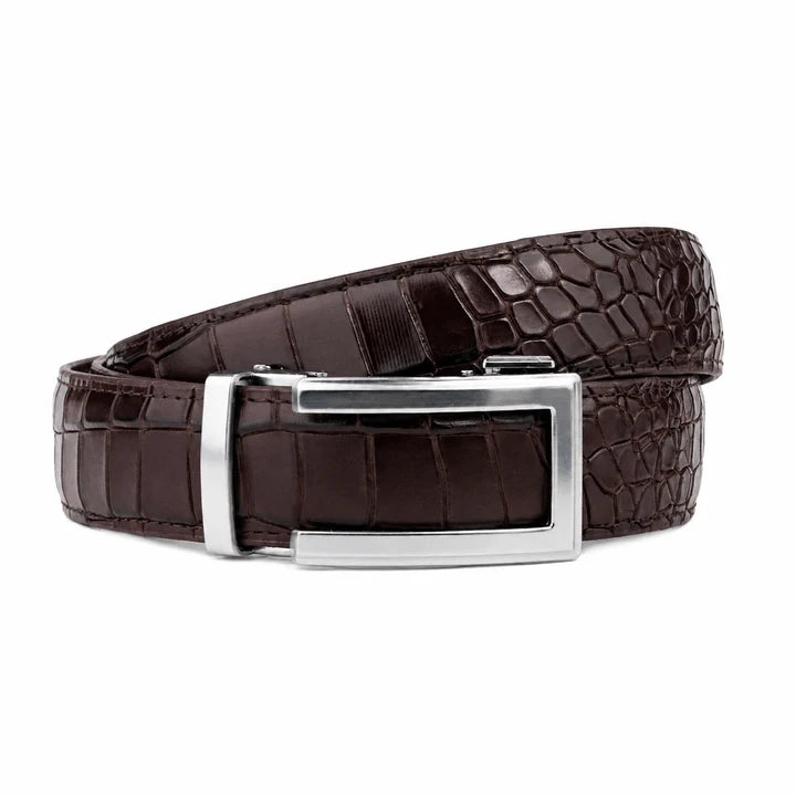 Classic Silver Brown Crocodile- Top Grain No Hole Leather Belt (Premium)