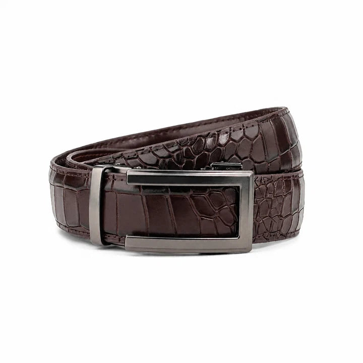 Classic Charcoal Brown Crocodile- Top Grain No Hole Leather Belt (Premium)
