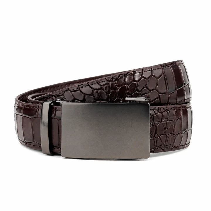Gun Metal Brown Crocodile- Top Grain No Hole Leather Belt (Premium)