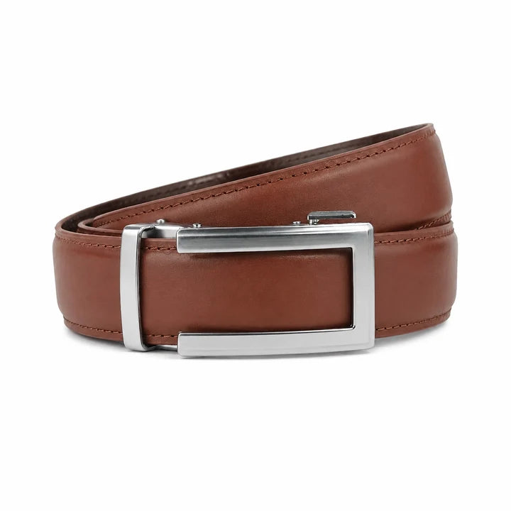 Classic Silver Tan Brown- Top Grain No Hole Leather Belt
