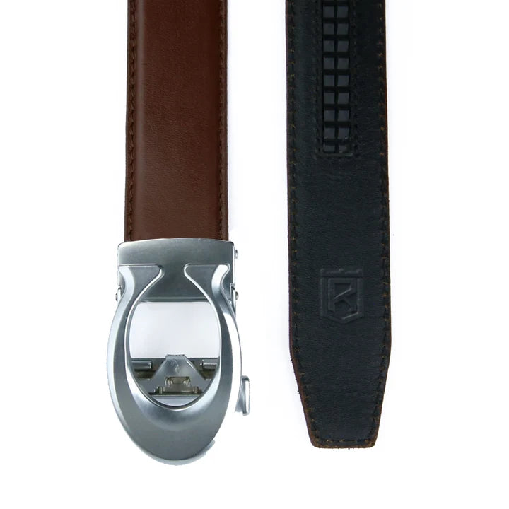 Curvy Silver Tan Brown- Top Grain No Hole Leather Belt