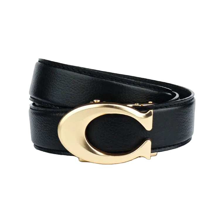 Curvy Gold Black Pattern - Top Grain No Hole Leather Belt