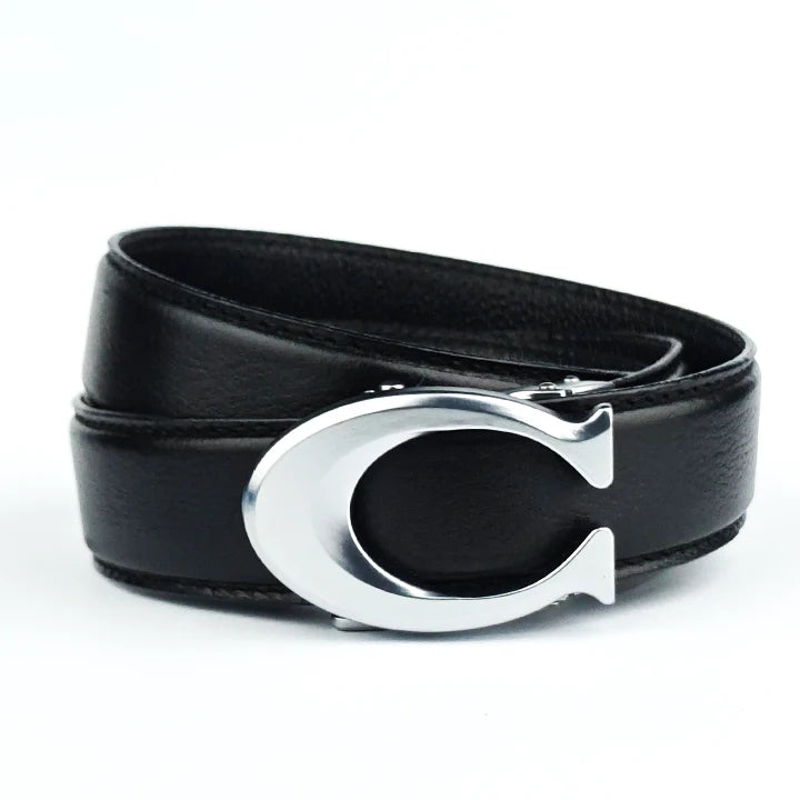 Curvy Silver Black Pattern - Top Grain No Hole Leather Belt