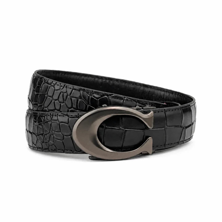 Curvy Charcoal Black crocodile - Top Grain No Hole Leather Belt (Premium)