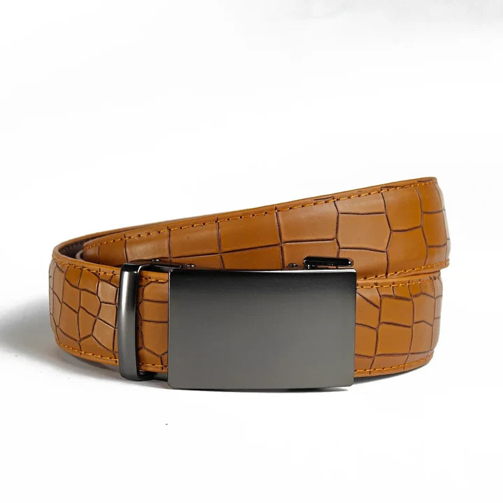Gun Metal Mustrard Crocodile- Top Grain No Hole Leather Belt