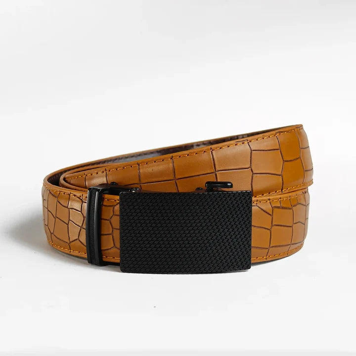 Patched Black Mustrard Crocodile- Top Grain No Hole Leather Belt